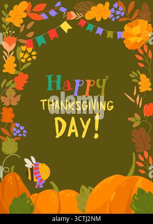 Rahmen für Herbstblätter und Kürbisse mit Space Text. Saisonale Blume, Ahorneiche Orangenblätter mit Kürbissen für Erntedankfest, Ernte Stock Vektor