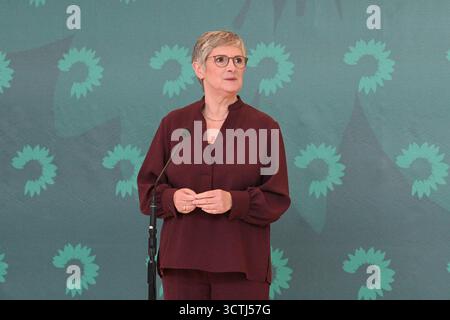 Berlin, Deutschland. Oktober 2025. Britta Haßelmann, Fraktionsvorsitzende Bündnis 90/die Grünen, spricht vor einer Fraktionssitzung im Bundestag. Quelle: Niklas Graeber/dpa/Alamy Live News Stockfoto