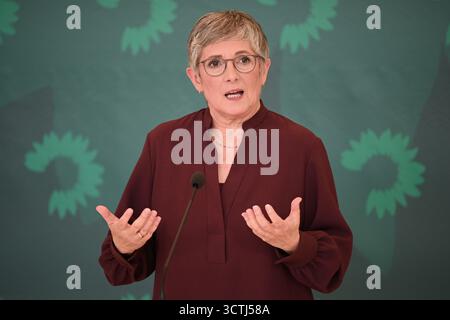 Berlin, Deutschland. Oktober 2025. Britta Haßelmann, Fraktionsvorsitzende Bündnis 90/die Grünen, spricht vor einer Fraktionssitzung im Bundestag. Quelle: Niklas Graeber/dpa/Alamy Live News Stockfoto
