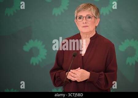 Berlin, Deutschland. Oktober 2025. Britta Haßelmann, Fraktionsvorsitzende Bündnis 90/die Grünen, spricht vor einer Fraktionssitzung im Bundestag. Quelle: Niklas Graeber/dpa/Alamy Live News Stockfoto