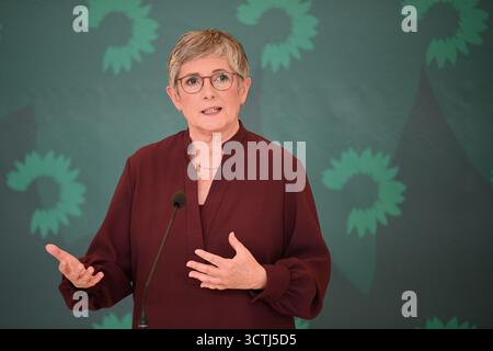 Berlin, Deutschland. Oktober 2025. Britta Haßelmann, Fraktionsvorsitzende Bündnis 90/die Grünen, spricht vor einer Fraktionssitzung im Bundestag. Quelle: Niklas Graeber/dpa/Alamy Live News Stockfoto