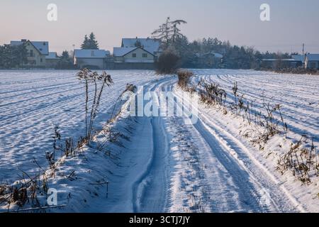 Landstraße im Winter im Dorf Rogow, polnische Provinz Lodz Stockfoto