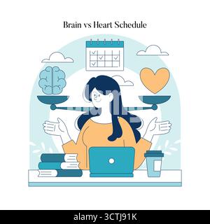 Vektor-Illustration, die eine Frau zeigt, die Entscheidungen zwischen Gehirn- und Herzsymbolen ausbalanciert und die Entscheidungsfindung darstellt. Ein Kalender und Bücher weisen auf eine ausgewogene Work-Life-Balance in einer durchdachten Umgebung hin. Stock Vektor