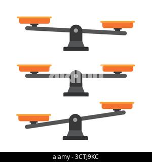 Abbildung des flachen Vektors von Waagen in drei Positionen: Symmetrisch, nach links geneigt und nach rechts geneigt. Symbol der Gerechtigkeit, Gleichheit, Gerechtigkeit, Dezisio Stock Vektor