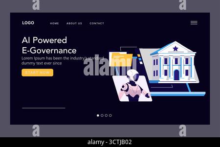 Vektorabbildung mit einer KI-gestützten E-Governance-Plattform. Präsentiert eine futuristische Benutzeroberfläche mit einem Roboter und Regierungsgebäude, die die Transformation der digitalen Governance symbolisieren. Stock Vektor