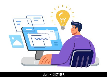 Kreativer Prozess und Remote-Designarbeit. Designer, der von zu Hause aus mit dem Computer arbeitet. Kreativität, Idee Stock Vektor