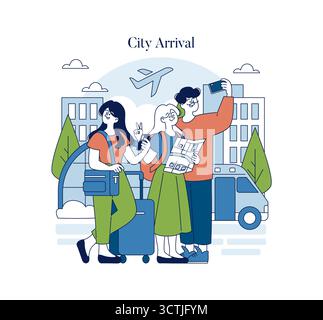 Gruppe glücklicher Reisende, die in einer Stadt ankommen, ein Selfie mit einem Smartphone machen und gleichzeitig eine Karte halten. Gebäude, Bäume und ein Flugzeug sind im Hintergrund sichtbar. Vektorabbildung. Stock Vektor