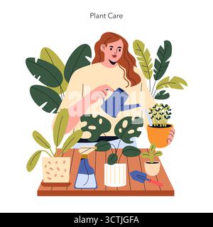Illustration einer Frau, die sich glücklich um ihre Zimmerpflanzen kümmert, mit einer Gießkanne. Verschiedene Topfpflanzen und Gartenwerkzeuge werden auf einem Holztisch platziert, was die häusliche Gartenarbeit betont. Stock Vektor