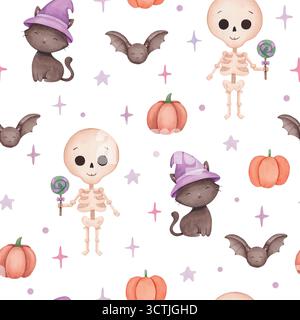 Nahtloses halloween-Muster mit niedlichen Skeletten, Katzen, Kürbissen und Fledermäusen. Ideal für Weihnachtsverpackungen, Karten, Poster, Stoffdruck. Stockfoto