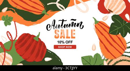 Horizontales Herbstbanner mit Kürbissen. Vektor Aquarell Buntstift Bauernhof Gemüse Hintergrund. Herbstdesign für Thanksgiving oder Halloween. Party oder Stock Vektor