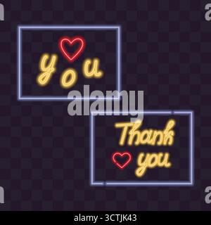 Neon Frame and Letters with Heart Love You and Thank You St. Valentines Day and Thanksgiving Greeting. Isolierte Vektor-Illustration Feiertage verwandter Inhalt Grußkarten Poster, Faltblatt, Banner, Tag Stock Vektor