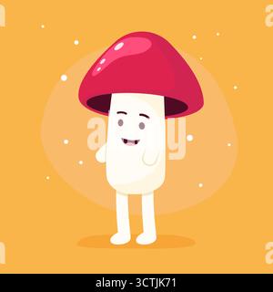 Fröhliche Zeichentrickpilzfigur auf verspieltem orangefarbenen Hintergrund. Anthropomorphe Pilzvektorillustration Stock Vektor
