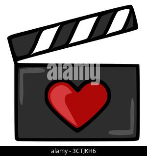 Eine stilisierte Vektorklappertafel mit einem prominenten roten Herzsymbol, das die Liebe zum Filmemachen symbolisiert. Stock Vektor