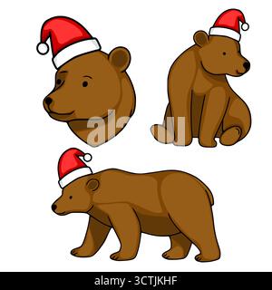 Bezaubernde Vektor-Illustrationen von drei braunen Bären, die festliche Santa-Hüte tragen, dargestellt in verschiedenen Posen: Kopfprofil, Sitzen und Gehen. Stock Vektor