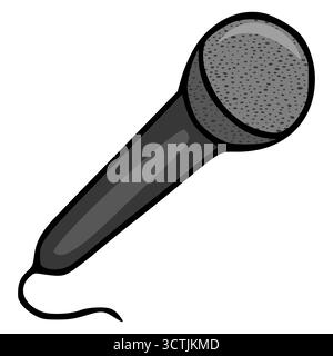 Ein klassisches dynamisches Mikrofon mit strukturiertem Kühlergrill und Spiralkabel, gerendert als klare Vektorillustration auf weißem Hintergrund. Stock Vektor