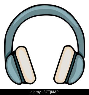 Eine minimalistische Vektor-Illustration von Over-Ear-Kopfhörern mit einem weichen blauen Kopfbügel und cremefarbenen Ohrmuscheln, die in Schwarz umrandet sind. Stock Vektor