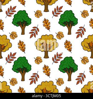 Nahtloses Vektormuster mit stilisierten Herbstbäumen mit grünem und goldenem Laub und verstreuten fallenden Blättern in warmen Farbtönen. Stock Vektor