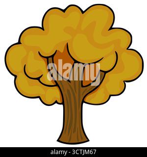 Eine stilisierte Vektor-Illustration eines Herbstbaums mit einem dicken braunen Stamm und einem flauschigen, goldgelben Baldachin, umrandet in kräftigem Schwarz. Stock Vektor