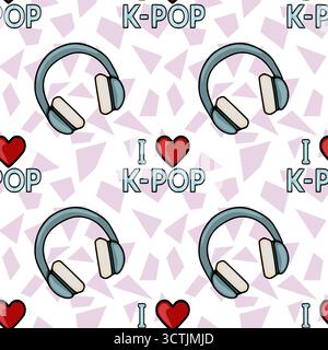 Nahtloses Vektormuster mit Kopfhörern und „I love K-POP“-Text mit geometrischem rosa Hintergrund. Stock Vektor