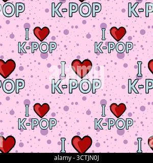 Nahtloses Vektormuster mit „I love K-Pop“-Text und roten Herzen auf rosafarbenem Hintergrund mit violetten Polka Dots. Stock Vektor