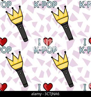 Nahtloses Vektormuster mit K-Pop Lichtstiften mit Kronen, Herzen und Textelementen auf einem geometrischen pastellfarbenen Hintergrund. Stock Vektor