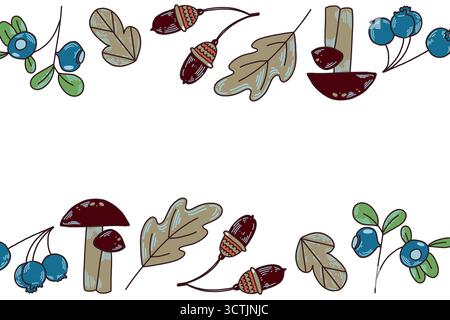 Rechteckiger Vektorrahmen aus Pilzen, Herbstblättern, Heidelbeeren. Alle Objekte werden im Vektor handgezeichnet. Die Abbildung eignet sich zum Bedrucken Stock Vektor