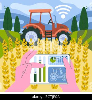 Vektor-Illustration einer Person, die eine Tablette zur Steuerung von Landmaschinen in einem Weizenfeld verwendet. Das Bild zeigt die Integration von Technologie in moderne landwirtschaftliche Praktiken. Stock Vektor