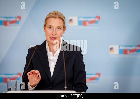 Berlin, Deutschland. Oktober 2025. Alice Weidel, Bundestagsfraktion und Bundesvorsitzende der AfD, hält zu Beginn der Sitzung ihrer Fraktion eine Pressekonferenz. Quelle: Kay Nietfeld/dpa/Alamy Live News Stockfoto