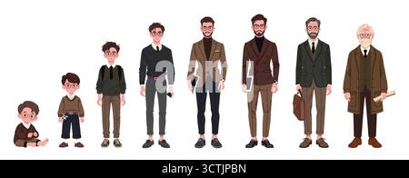 Vektor-Illustration, die die Phasen des Lebens eines Mannes von der Kindheit bis ins hohe Alter darstellt. Jede Phase zeigt verschiedene Altersstufen, vom Baby bis zum Älteren, und hebt das Wachstum und die Entwicklung hervor. Stock Vektor