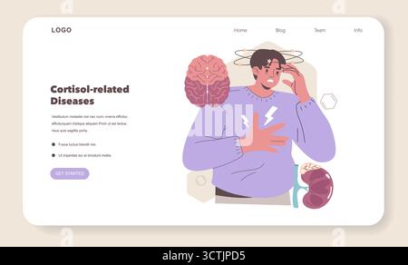 Vektor-Illustration, die den Einfluss von Cortisol auf die psychische Gesundheit zeigt. Eine Person scheint gestresst zu sein, hebt die Auswirkungen auf Gehirn und Niere hervor und betont Cortisol-bedingte Störungen im Gesundheitswesen. Stock Vektor