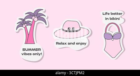 Drei bezaubernde Reiseaufkleber im Y2K-Stil sind vor einem hellrosa Hintergrund zu sehen. Diese Aufkleber zeigen Sommermotive wie Palmen, einen Hut und einen Bikini. Stock Vektor