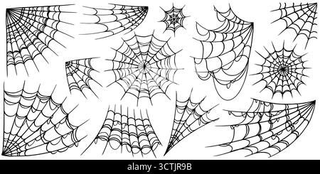 Hand drawn spooky spider web for halloween or scary event decoration. Different looking isolated graphic. for invitation cards and poster Stock Vektor