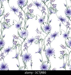 Aquarellnahtloses Muster weißer Hintergrund - Illustration mit grünen Blättern und blauen lila Zichorien Wildfield Kräuter Blumen. Hochzeitseinladungen Stockfoto
