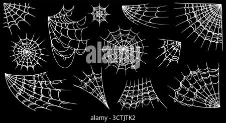 Hand drawn spooky spider web for halloween or scary event decoration. Different looking isolated graphic. for invitation cards and poster Stock Vektor
