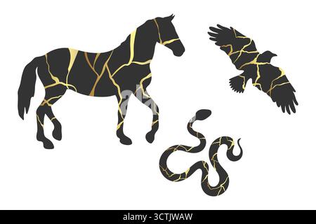 Tiersilhouetten mit goldenen Kintsugi-Rissen. Silhouetten von Pferd, Schlange und Krähe mit goldenem Marmor. Vektorabbildung Stock Vektor