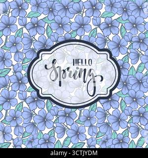 hallo Frühling. Handgezeichneter Pinselstift-Schriftzug auf blühendem Baummuster. Stock Vektor