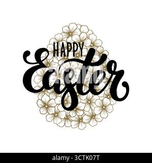 Happy Easter Hand gezeichnete Kalligraphie und Pinselstift-Schrift mit goldenem Blumeneier Stock Vektor