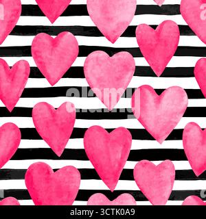 Wunderschöner nahtloser Hintergrund mit rosa Aquarellherzen auf horizontaler Tinte, schwarzen und weißen Streifen. Stock Vektor