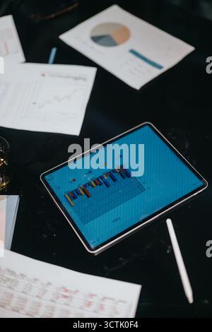 Tablet, das Daten und Berichte mit Diagrammen und Diagrammen im Arbeitsbereich anzeigt Stockfoto