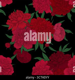 Wunderschöne, nahtlose rote Pfingstrosen mit grünen Blättern und Knospen. Handgezeichnete Konturlinien. Grußkarte und Einladung zur Hochzeit entwerfen, Stock Vektor