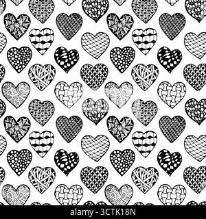 Schwarz-weiß nahtlose, handgezeichnete Herzen im Hintergrund. Muster Ausmalbuch, Design für Weihnachtsgrußkarte und Einladung zur Hochzeit, Valentinstag Stock Vektor