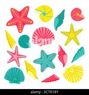 Muschelset. Design für Urlaubsgrußkarte und Einladung von saisonalen Sommerferien, SommerBeach-Partys, Tourismus und Reisen Stock Vektor