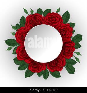 Wunderschöner Blumenstrauß mit roten Rosen und Blättern. Blumenarrangements. Papierrahmen. Design Grußkarte und Einladung der Hochzeit, Geburtstag, Stock Vektor