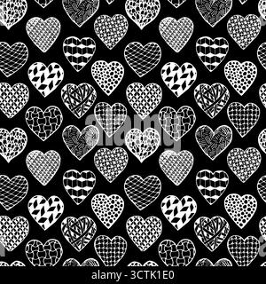 Schwarz-weiß nahtlose, handgezeichnete Herzen im Hintergrund. Muster Ausmalbuch, Design für Weihnachtsgrußkarte und Einladung zur Hochzeit, Valentinstag Stock Vektor
