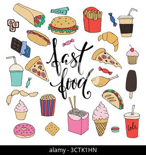 Großes Set handgezeichnetes Fastfood mit Doodle. Handgezeichnet Stock Vektor