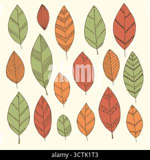 Wunderschönes Set aus alten Blättern mit Doodle. Isolierte Skizze. Für Design Hintergrund Grußkarten und Einladungen zur Hochzeit, zum Geburtstag, Stock Vektor