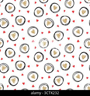 Wunderschönes nahtloses Muster mit goldenen und silbernen glitzernden Herzen auf weißem Hintergrund. Design für Weihnachtsgrußkarte und Einladung zur Hochzeit, Stock Vektor