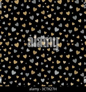 Wunderschönes nahtloses Muster mit goldenen und silbernen glitzernden Herzen auf weißem Hintergrund. Design für Weihnachtsgrußkarte und Einladung zur Hochzeit, Stock Vektor