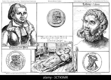 Die Luther-Feier: Denkmäler Luthers - aus der Luther-Ausstellung im British Museum, 1883. Luthers Frau, Catharina von Bora. Porträt von Lucas Cranach, jun. Gedenkmedaille von Luther (1546). Luther verkleidet als „Junker George“, in seiner Abgeschiedenheit auf der Burg der Wartburg – bärtig und langhaarig, in seiner Verkleidung als Laie [oder Ritter], der den Namen „Junker George“ trägt, während seiner Verheimlichung auf der Wartburg. (Lutheras in Pathmo). Medaille [oder Münze] des Kurfürsten Friedrich von Sachsen - sein entschlossener Beschützer. Luther liegt nach dem Tod in einem Zustand. (Von Stockfoto