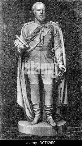 Statue des Prinzen von Wales, für New South Wales, 1883. Zwei Marmorstatuen, deren Bildhauer Signor Giovanni Fontana ist, von King's Road Chelsea, wurden für die Verzierung der Hallen der Regierungsbüros von New South Wales in Sydney hingerichtet, auf Befehl von Sir Saul Samuel, General dieser Kolonie in London... die zweite dieser Statuen ist die seiner Königlichen Hoheit, dem Prinzen von Wales [dem zukünftigen König Edward VII], gekleidet in der Uniform eines Feldmarschalls, der den Marschall in der rechten Hand hält. während seine linke Hand auf dem Griff seines Schwertes liegt. Unsere Abbildungen von b Stockfoto